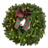 Live - Fresh Cut - Northwest Noble and Cedar Mixed Wreath - 20" - with Lights and Bow